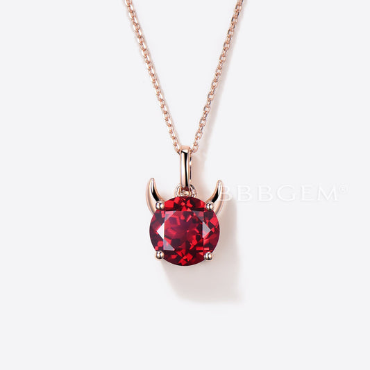 Round Cut Ruby Devil Solitaire Pendant Rose Gold Minimalist Necklace