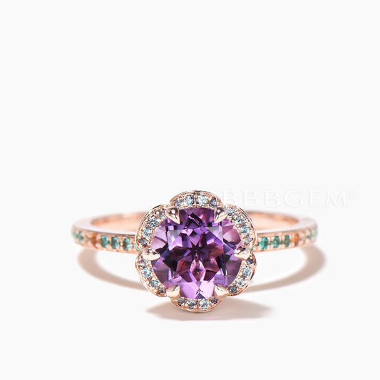 Round Cut Natural Amethyst Engagement Ring Alexandrite Floral Emerald Ring
