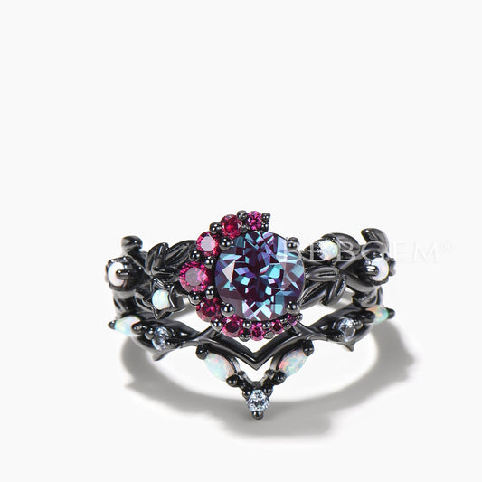 Round Cut Color-change Alexandrite Ruby Moon Ring Opal Celetial Bridal Set