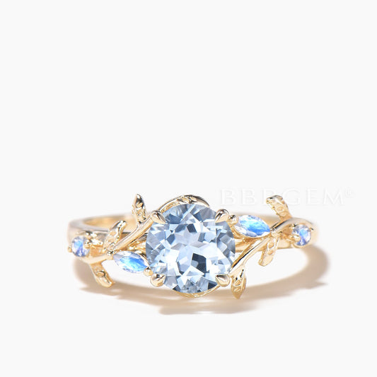 Round Natural Aquamarine Engagement Ring Moonstone Leaf Nature Inspired Ring