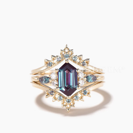 Alexandrite Ring Enhancer Bridal Set Hexagon Cut Color-change Alexandrite Ring