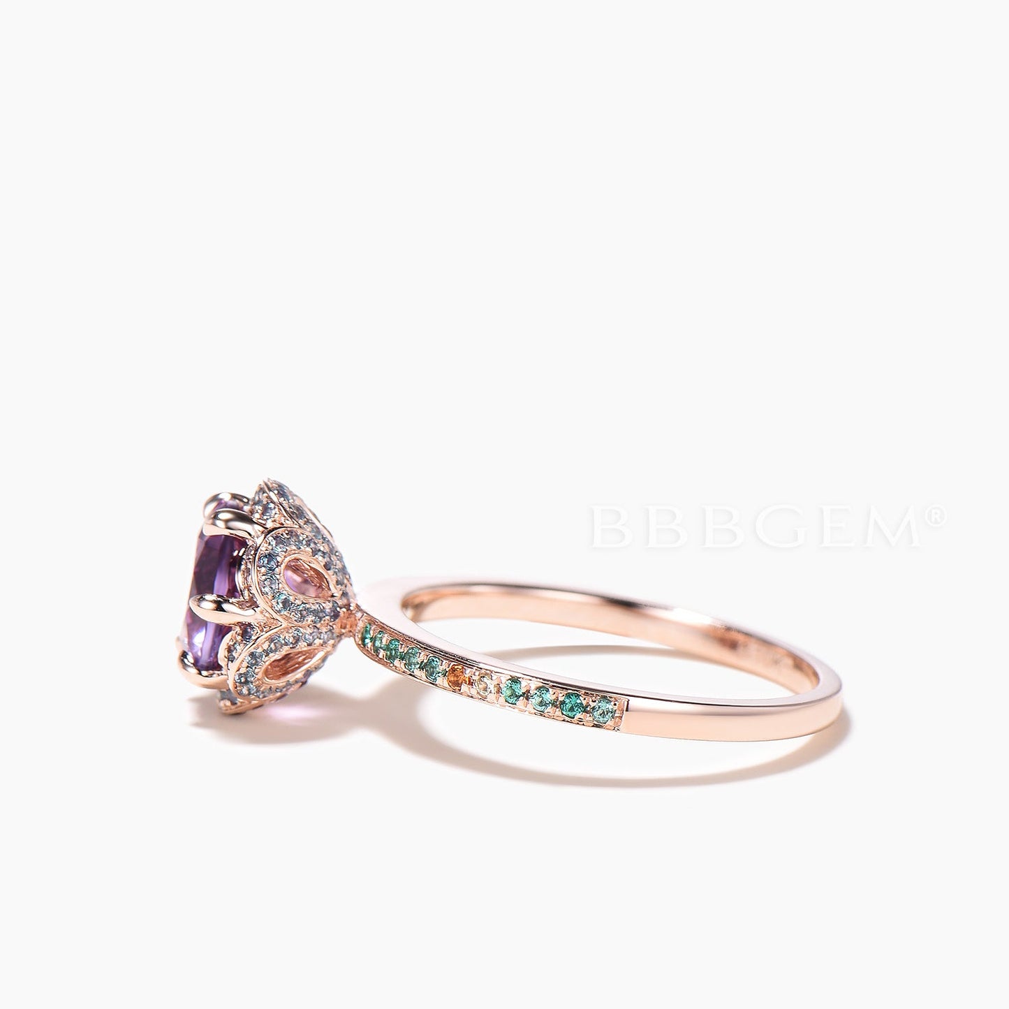 Round Cut Natural Amethyst Engagement Ring Alexandrite Floral Emerald Ring