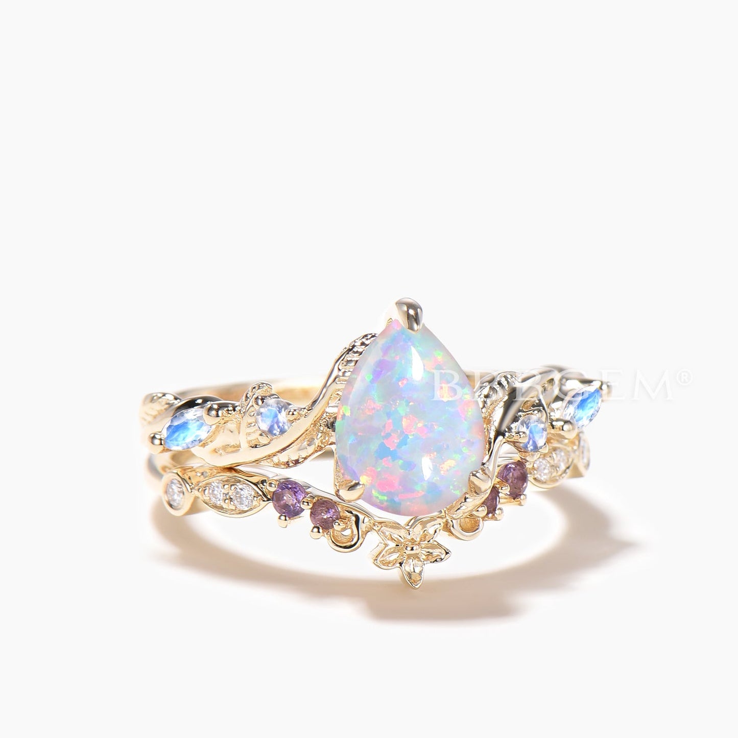 Pear Cut Opal Engagement Ring Moonstone Amethyst Nature Inspired Bridal Set