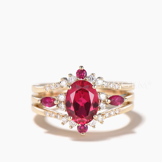 3pcs Ring Set 1.5CT Oval Cut Ruby Engagement Ring Diamond Curved Wedding Band