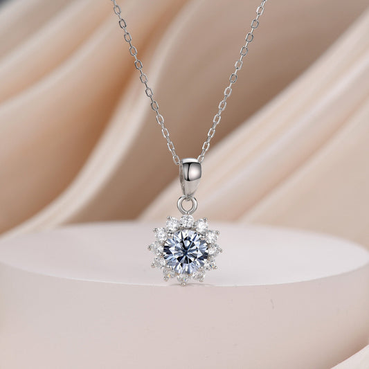 1ct Round Halo Sunflower Moissanite Pendant-SunFlower Moissanite Necklace 1ct D Color-bbbgem moissanite necklace jewelry