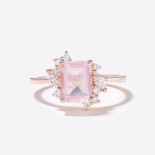 Emerald Cut Rose Quartz Engagement Ring Cluster Diamond Ring