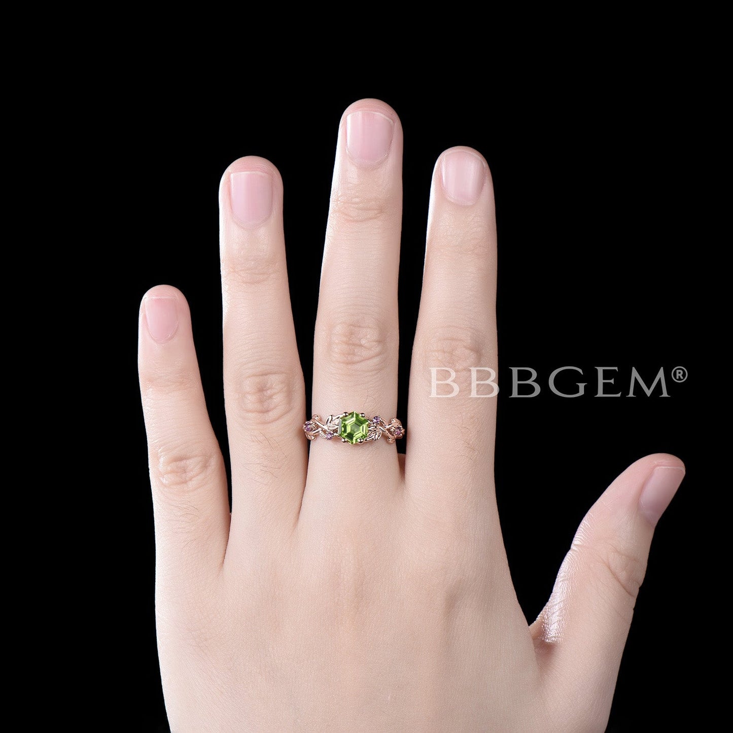 Hexagon Cut Peridot Engagement Ring Twig Leaf Amethyst Ring
