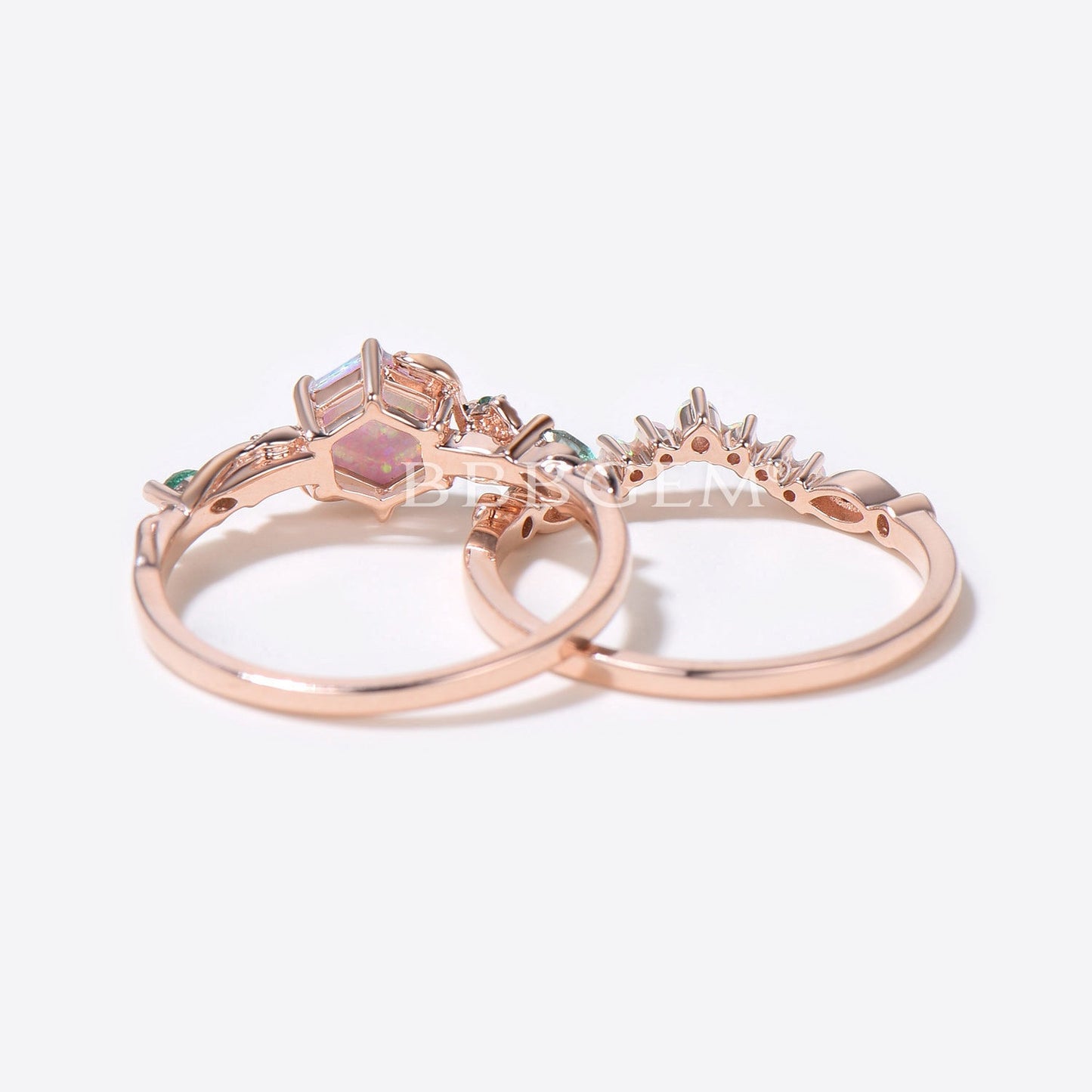 Leaf Vine Opal Bridal Ring Set 10K Rose Gold Hexagon Cut White Opal Engagement Ring Nature Inspired Branch Emerald Ring October Birthstone Ring