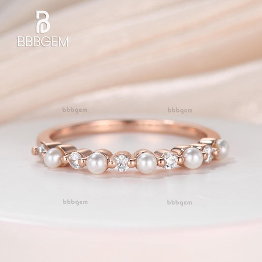 2.5mm Freshwater Pearl & Diamond Ring Wedding Band For Women Duo Five Stone Alternating Stackable Band in 18k Rose Gold 