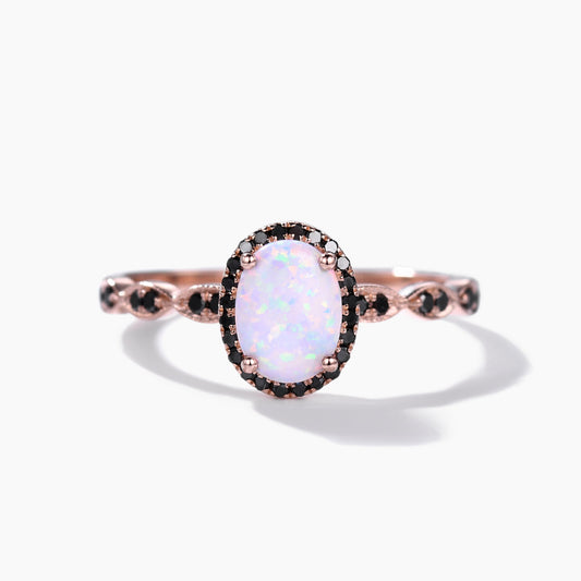 Unique Opal and Black Diamond Engagement Ring Rose Gold Art Deco Milgrain