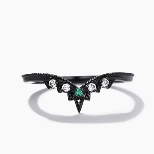 Emerald and Diamond Black Gold Wedding Ring V Chevron Band