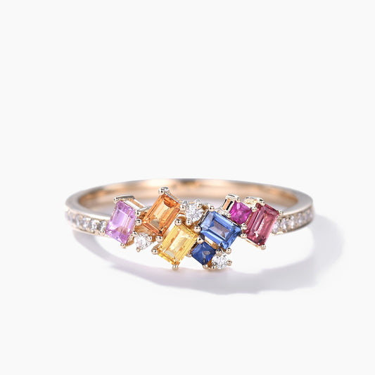 Multi Color Rainbow Cluster Sapphire Diamond Gold Wedding Rings For Women