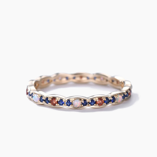 Opal Garnet Sapphire Yellow Gold Wedding Band Multiple Gemstone Full Eternity Ring