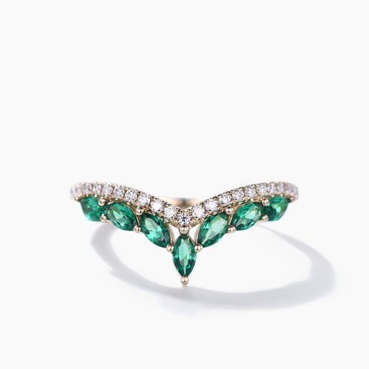 Marquise Emerald Curved Wedding Band Yellow Gold Moissanite Ring