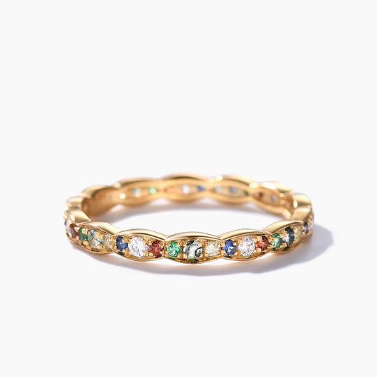 Moss Agate Wedding Band Family Birthstone Ring Yellow Gold Rainbow Rainbow Ring