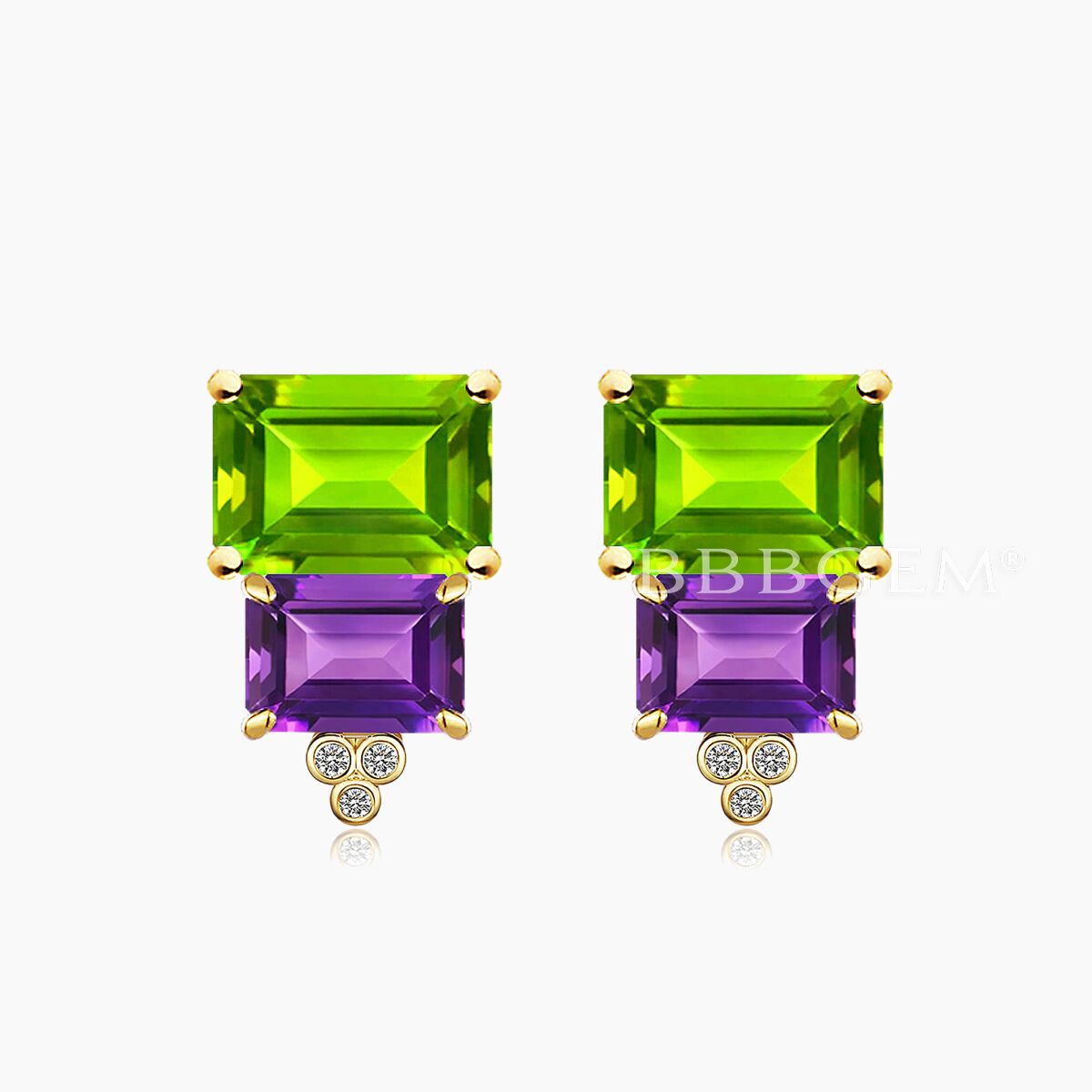 Emerald Cut Natural Peridot Amethyst Stud Earrings Diamond Yellow Gold Earrings