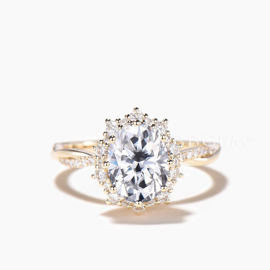 Diamond Halo Ring 1.5CT Oval Cut Moissanite Twisted Engagement Ring