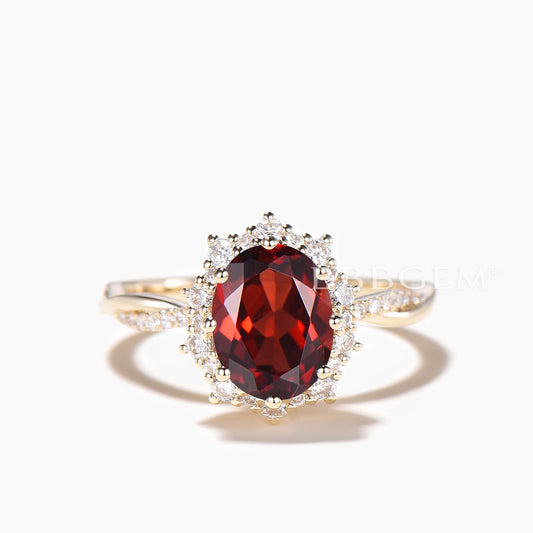 Oval Cut Natural Garnet Halo Engagement Ring Diamond Accents Yellow Gold Ring