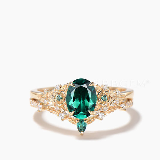 1.5CT Oval Cut Emerald Leaf Ring Diamond Flower Nature Inspired Bridal Set
