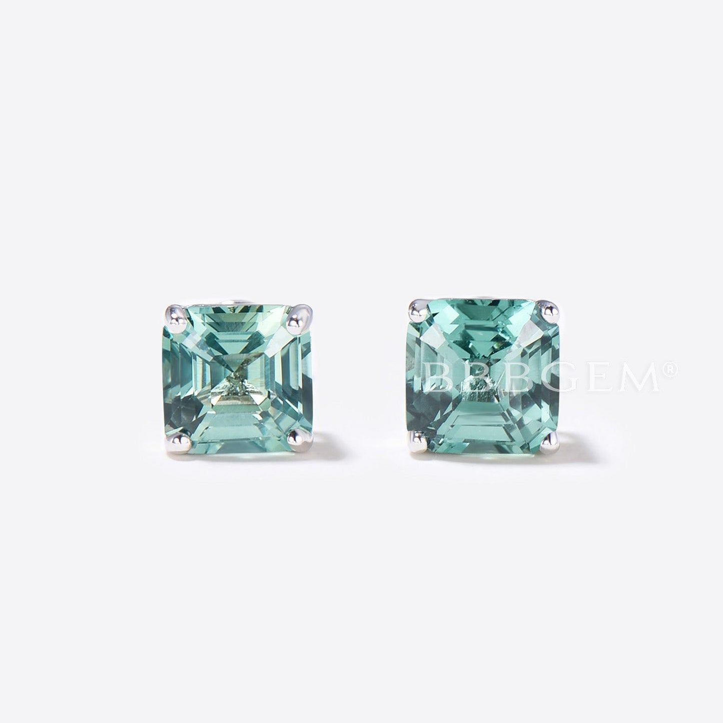Asscher Cut Green Sapphire studs Earrings Sterling Silver Solitaire Earrings