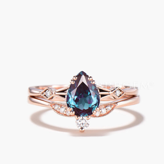 Moissanite Ring Set Teardrop Cut Color-change Alexandrite Three Stone Ring