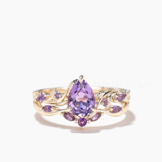 Teardrop Cut Nature Amethyst Twisted Engagement Ring Amethyst Bridal Set