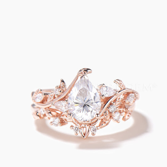 Teardrop Cut Moissanite Celtic Knot Bridal Set Moissanite Leaf Engagement Ring