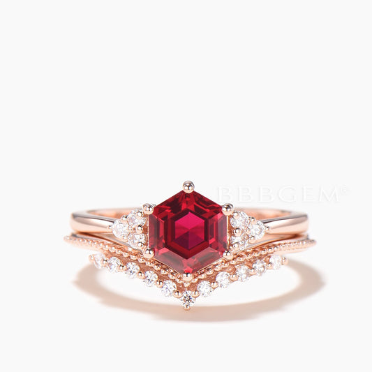 1CT Hexagon Cut Ruby Engagement Ring Diamond Cluster Ring Bridal Set