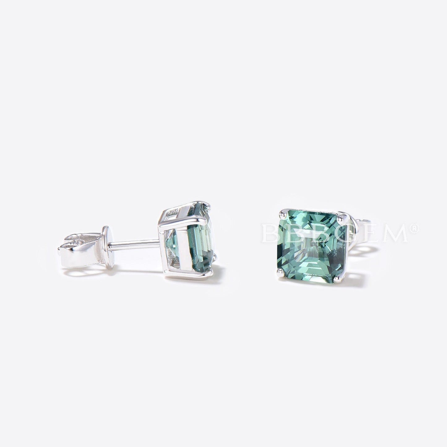 Asscher Cut Green Sapphire studs Earrings Sterling Silver Solitaire Earrings