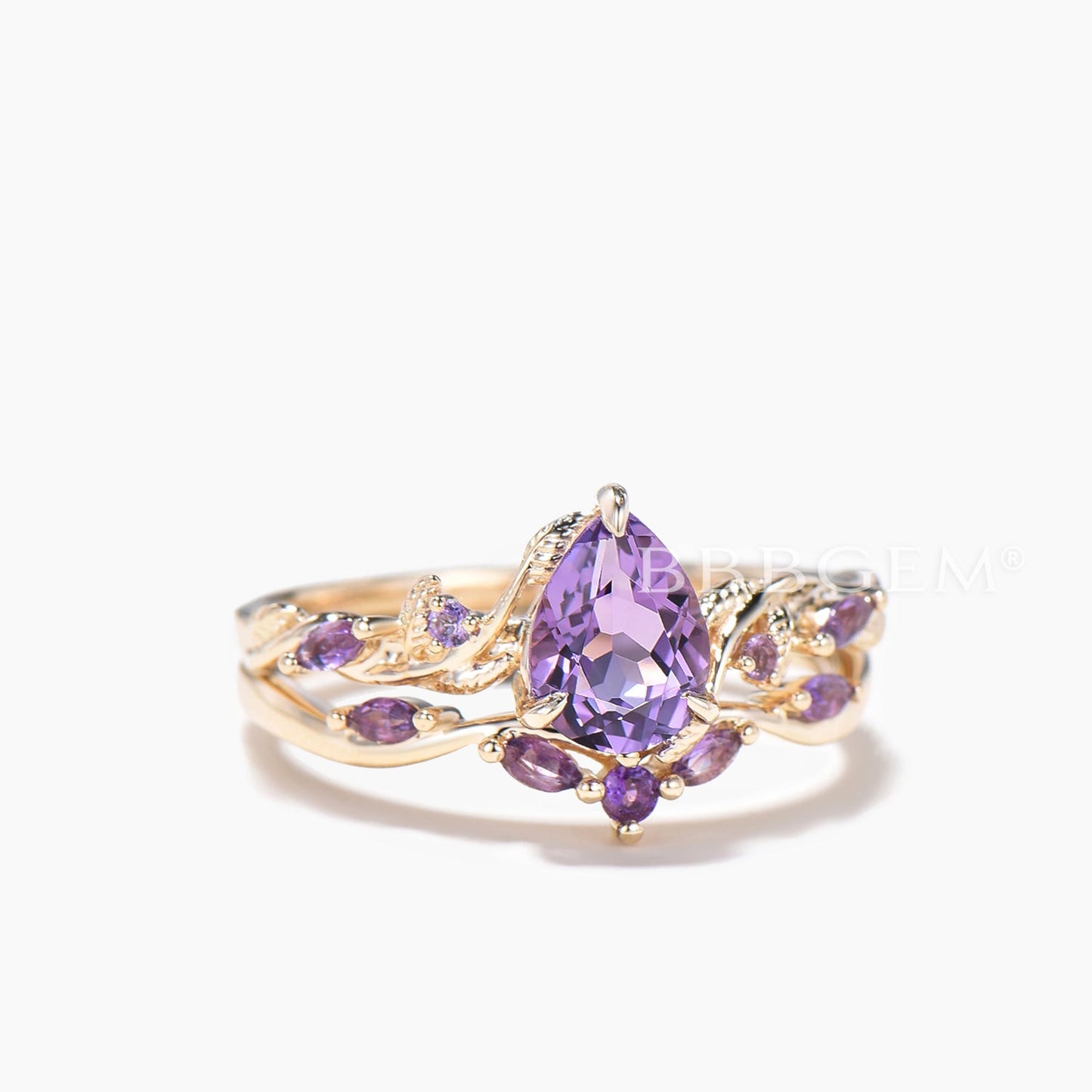 Teardrop Cut Nature Amethyst Twisted Engagement Ring Amethyst Bridal Set
