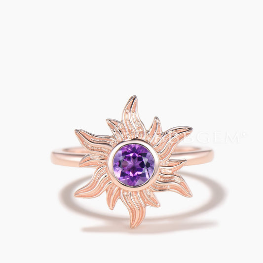 Round Cut Natural Amethyst Sun Engagement Ring Celestial Solitaire Ring