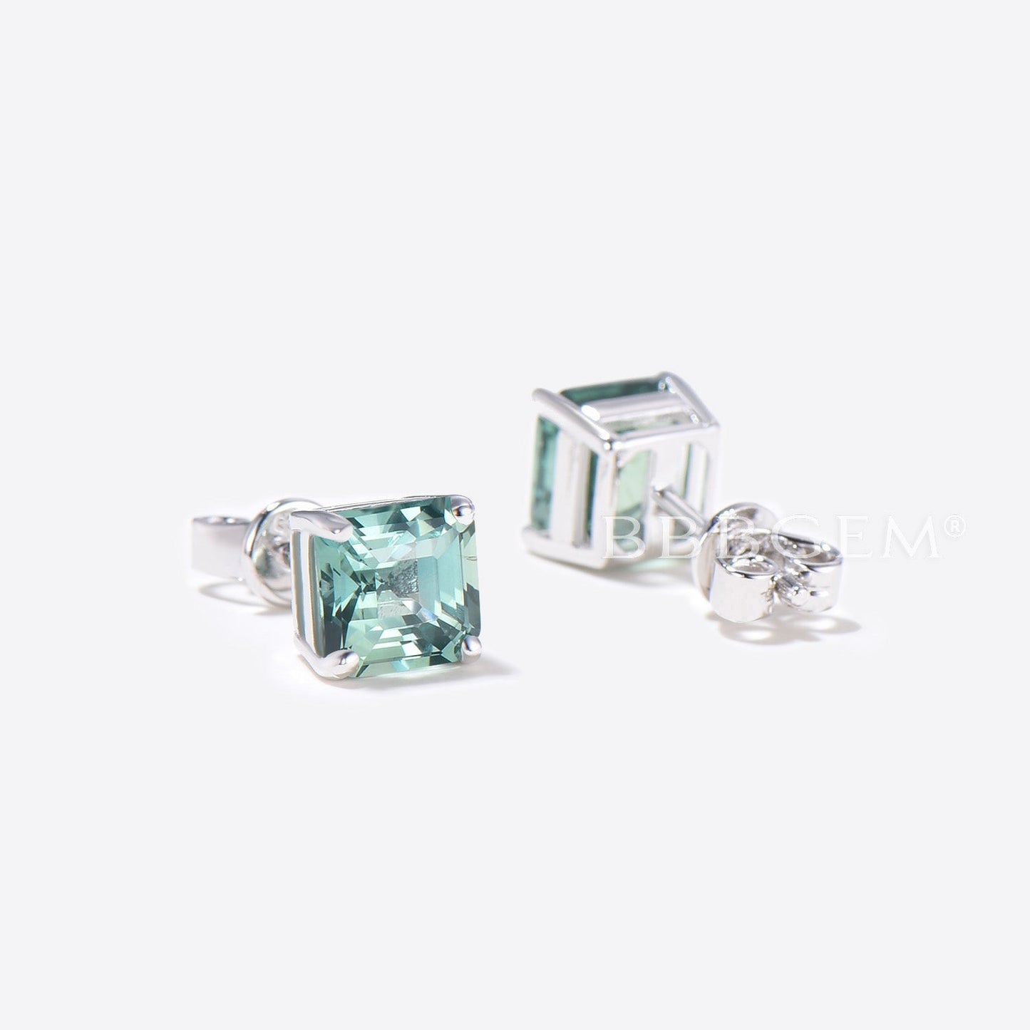 Asscher Cut Green Sapphire studs Earrings Sterling Silver Solitaire Earrings