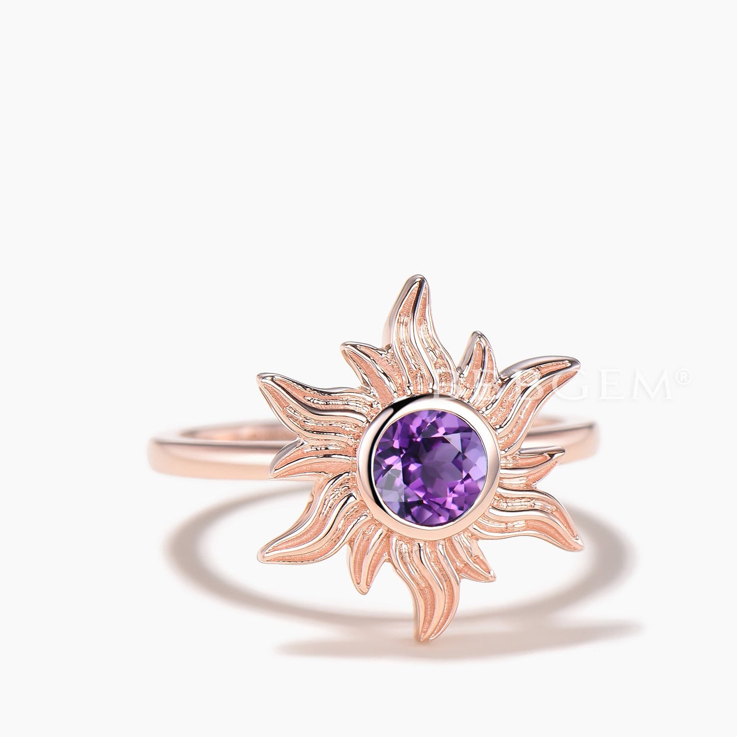 Round Cut Natural Amethyst Sun Engagement Ring Celestial Solitaire Ring