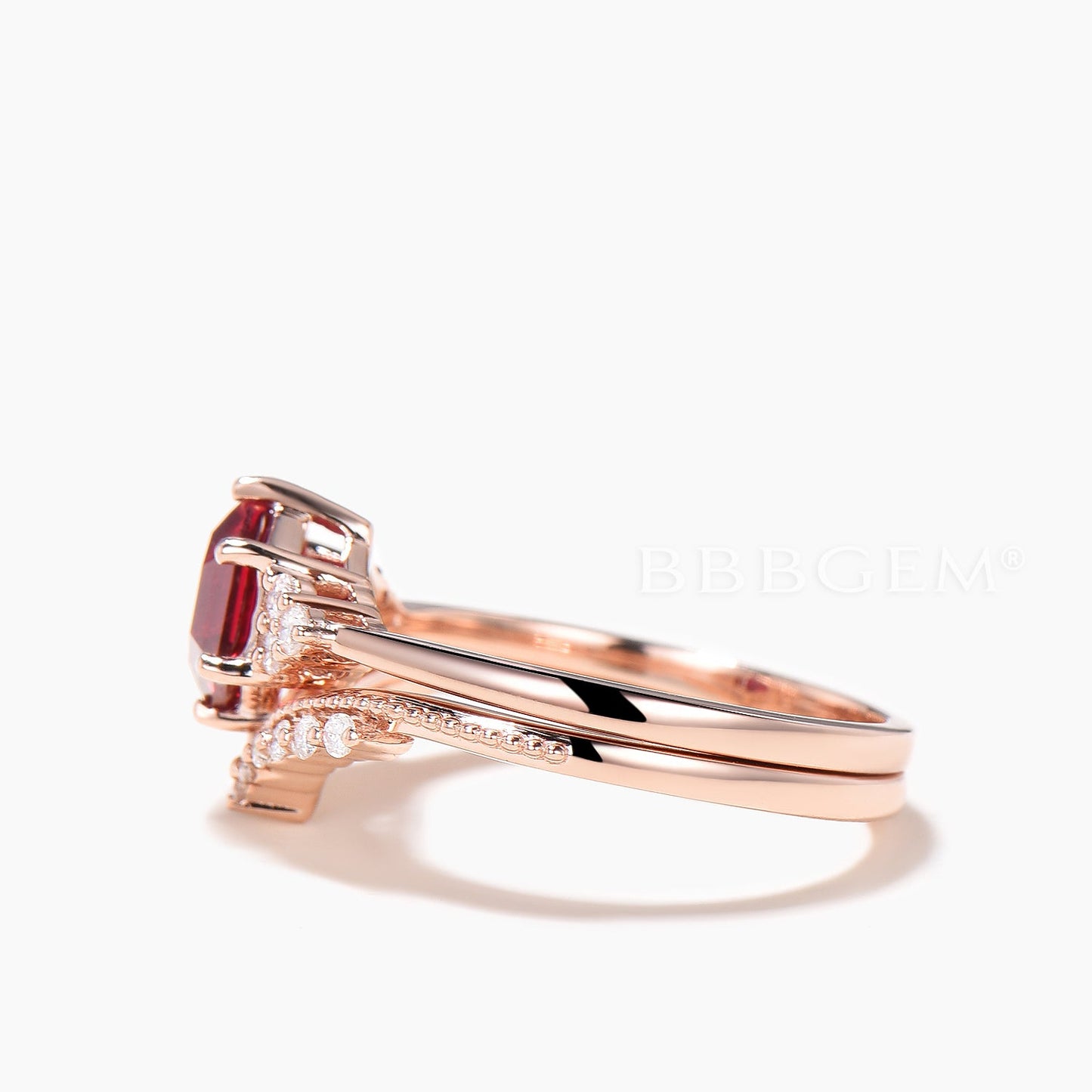 1CT Hexagon Cut Ruby Engagement Ring Diamond Cluster Ring Bridal Set