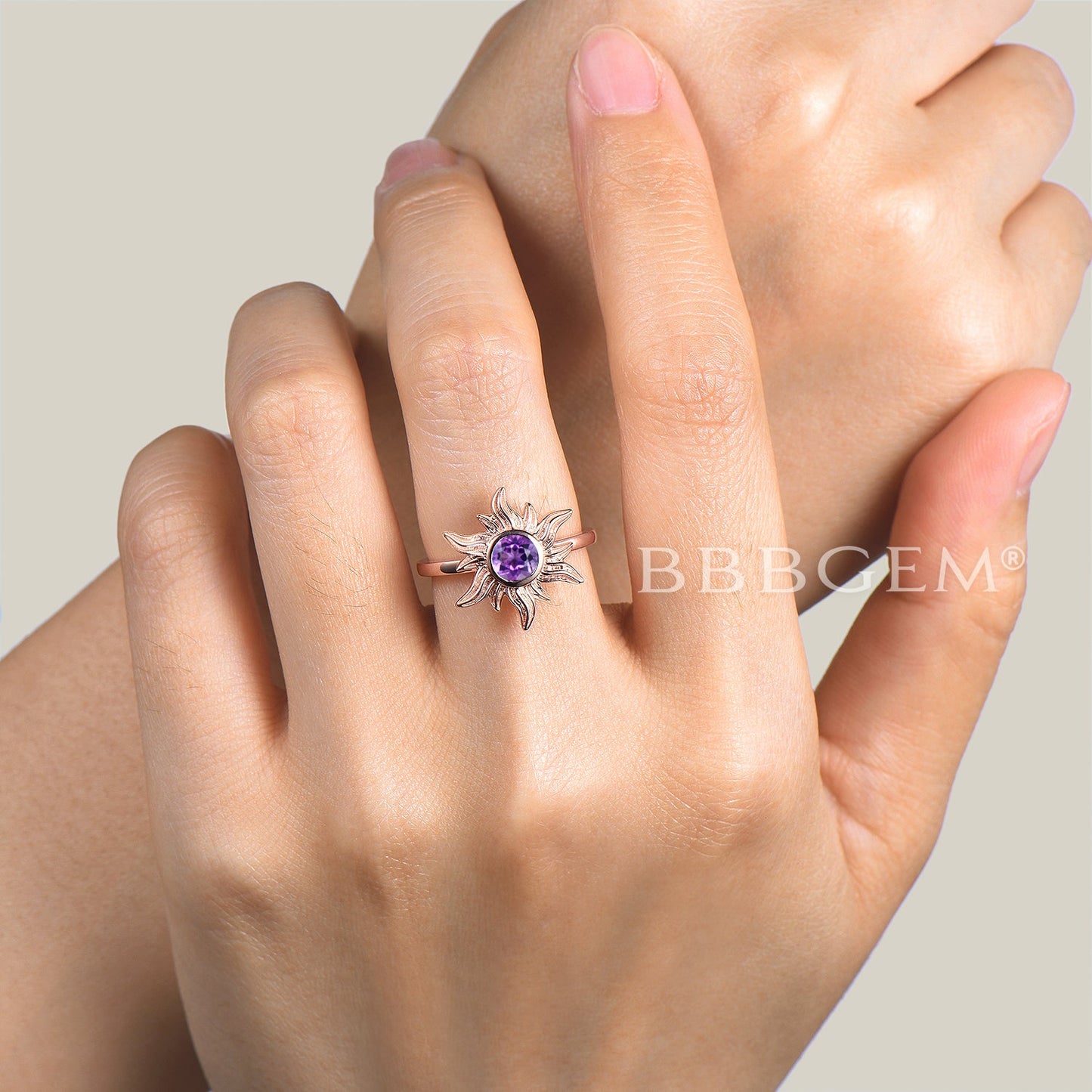 Round Cut Natural Amethyst Sun Engagement Ring Celestial Solitaire Ring