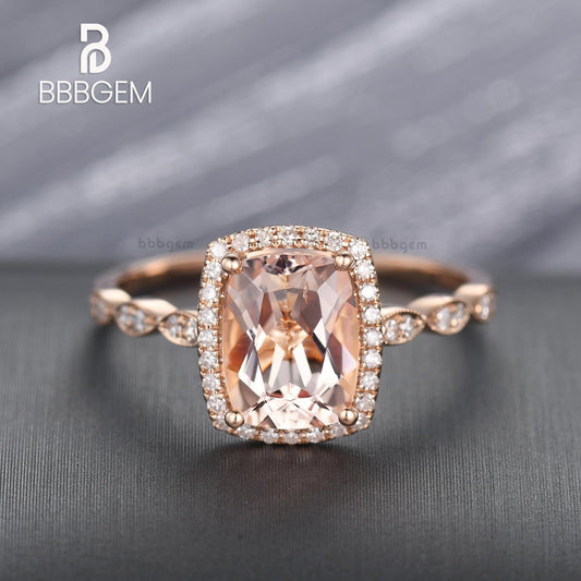 morganite engagement ring cushion-diamond halo peachy pink morganite ring-rose gold morganite engagement rings