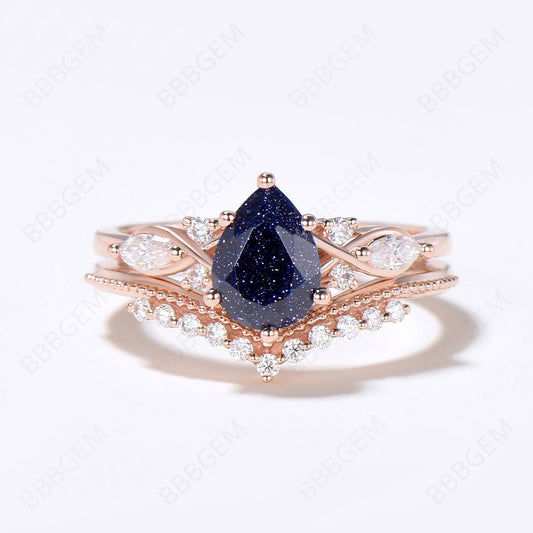 Teardrop Blue Sandstone Ring Set Cluster 7 Stone Milgrain Ring