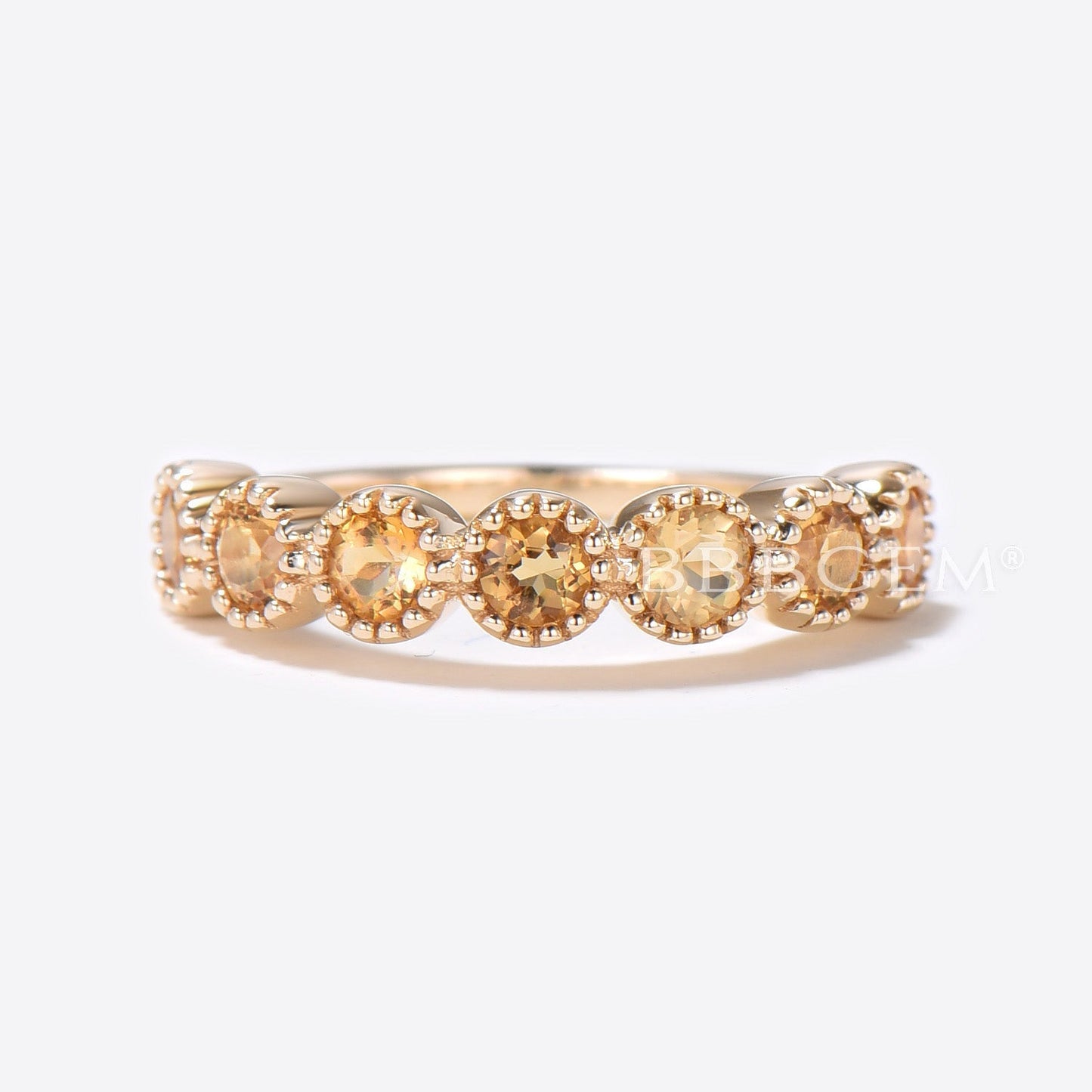 3mm Round Citrine Wedding Band 7-Stone Anniversary Bridal Mother Ring 14K Yellow Gold Milgrain Women November Birthstone Ring