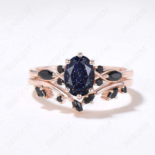 7 Stone Galaxy Blue Sandstone Ring Set Cluster Oval Ring