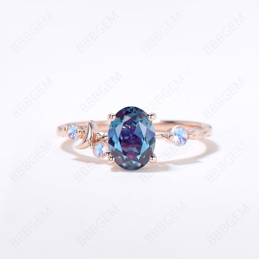 Crescent Moon Engagement Ring 1.5ct Oval Cut Alexandrite Promise Ring Rose Gold Moonstone Celestial Wedding Ring Unique Asymmetrical Rings