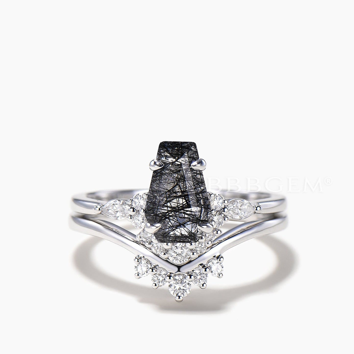 Coffin Natural Black Rutilated Quartz Wedding Ring Diamond Curved Band Ring Set