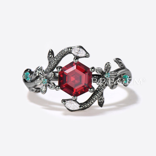 Double Snake Hexagon Cut Ruby Engagement Ring Floral Leaf Ring
