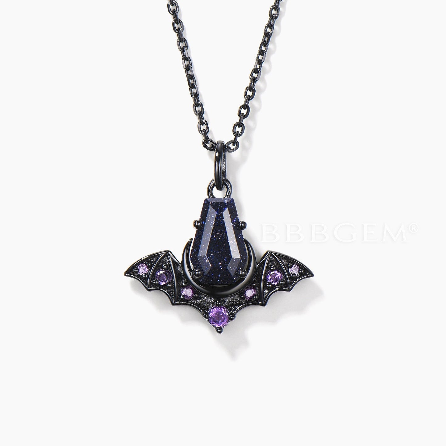 Coffin Cut Blue Sandstone Bat Wedding Necklace Amethyst Gothic Pendant