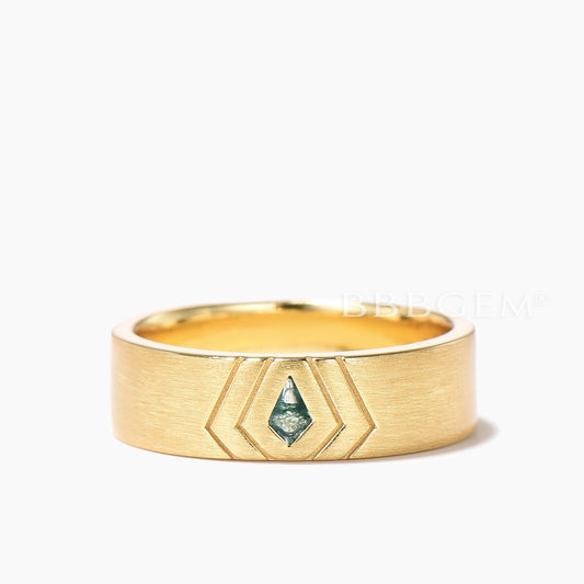 6mm Brushed Men Band Kite Cut Natural Moss Agate Solitaire Wedding Ring