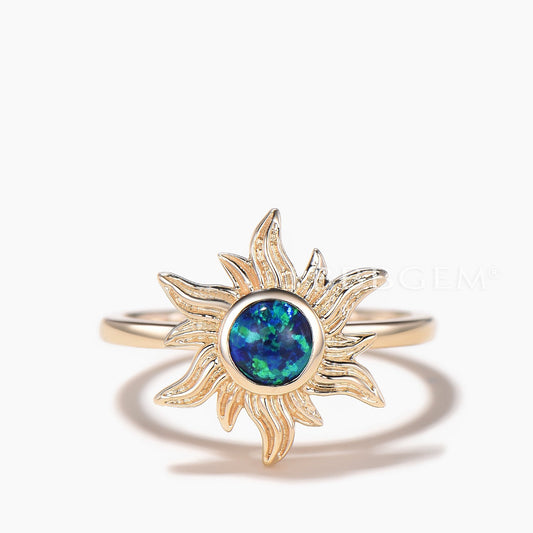 Rapunzel Inspired Solitaire Ring Round Cut Black Opal Sun Engagement Ring