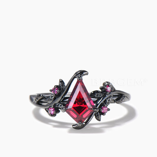 1CT Kite Cut Ruby Engagement Ring Ruby Leaf Nature Inspired Black Gold Ring
