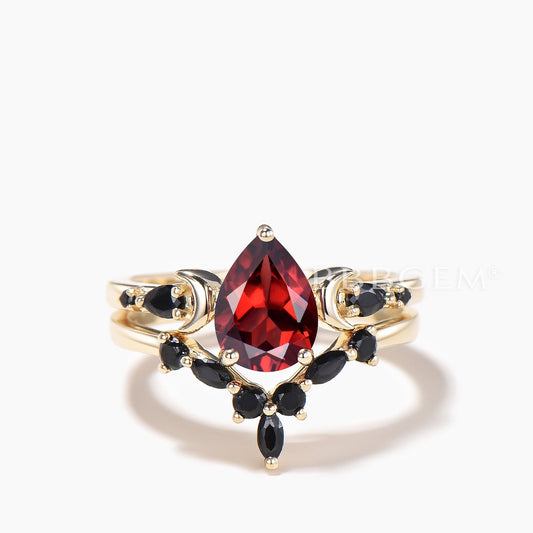 1.25CT Pear Cut Natural Garnet Engagement Ring Black Spinel Celetial Ring Set