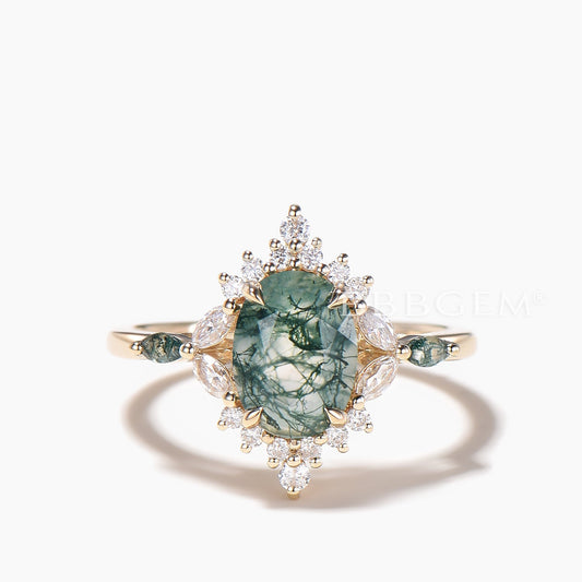 1.5CT Oval Cut Natural Moss Agate Engagement Ring Diamond Halo Ring