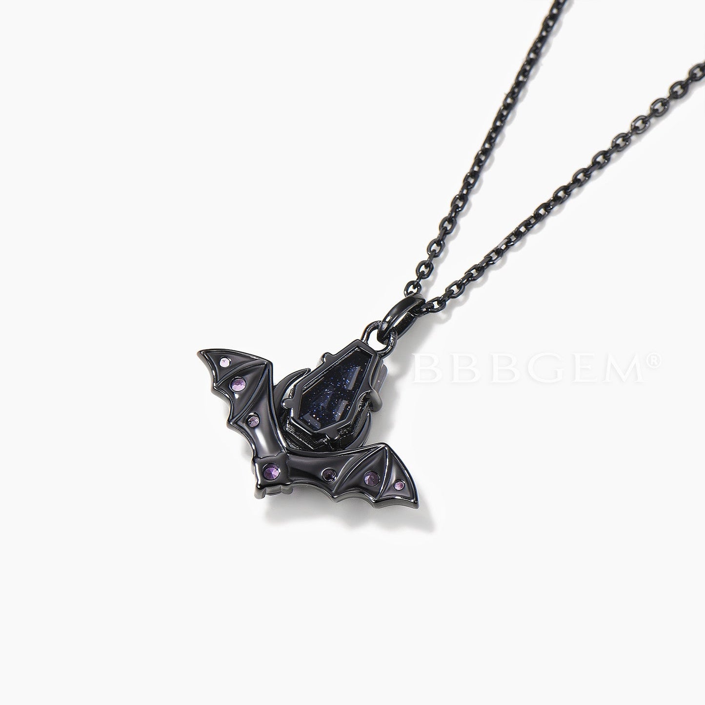 Coffin Cut Blue Sandstone Bat Wedding Necklace Amethyst Gothic Pendant