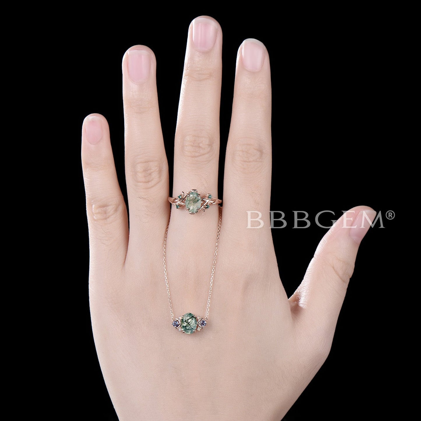 Natural Moss Agate Necklace and Ring Jewelry Set Celestial Moon Oval Green Moss Necklace Nature Inspired Leaf Aquatic Agate Ring Gemstone Jewelry Set